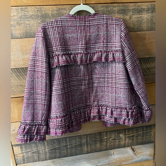 Plaid Ruffle Trim Blazer Jacket Pink Black and White Plaid Size M (Pleione) - Picture 15 of 16